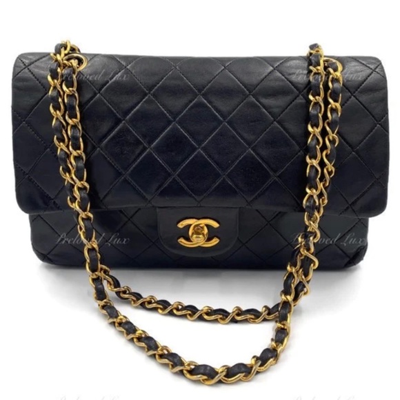 CHANEL Handbags - Authentic CHANEL Lambskin Double Chain Double Medium Flap Bag black/gold